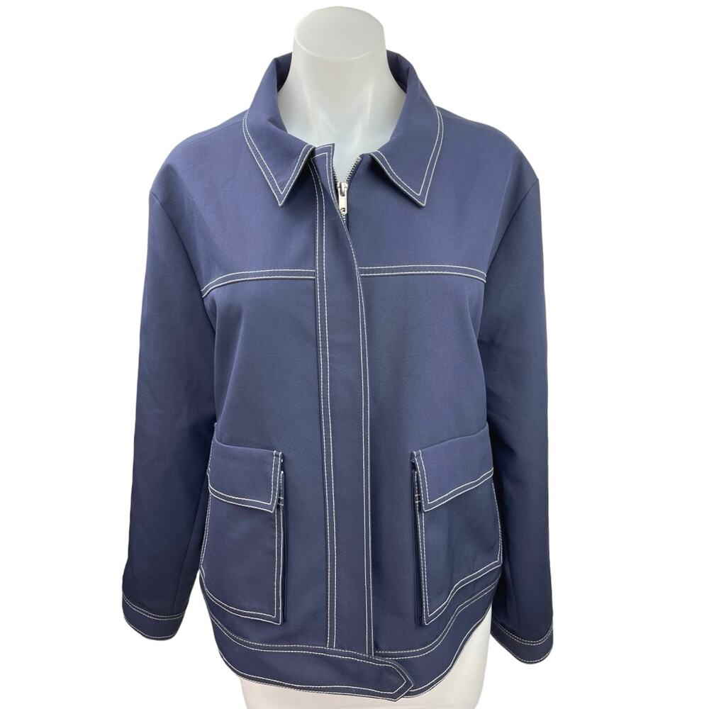 Topshop Navy Blue Zip Up Collar Long Sleeve Windbreaker Rain Coat Jacket 12